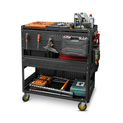 3-Tier Adjustable Rolling Tool Cart | Garage &amp; Workshop Organizer w/ Steel Pegboard