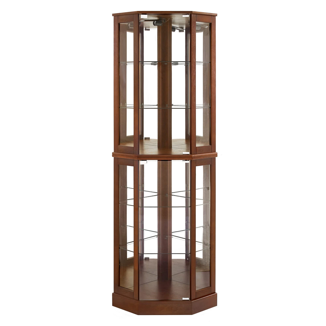 6 shelves corner Curio display cabinet with light mirror and adjustable shelves, walnut wood (excluding E26 light bulbs)