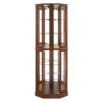 6 shelves corner Curio display cabinet with light mirror and adjustable shelves, walnut wood (excluding E26 light bulbs)