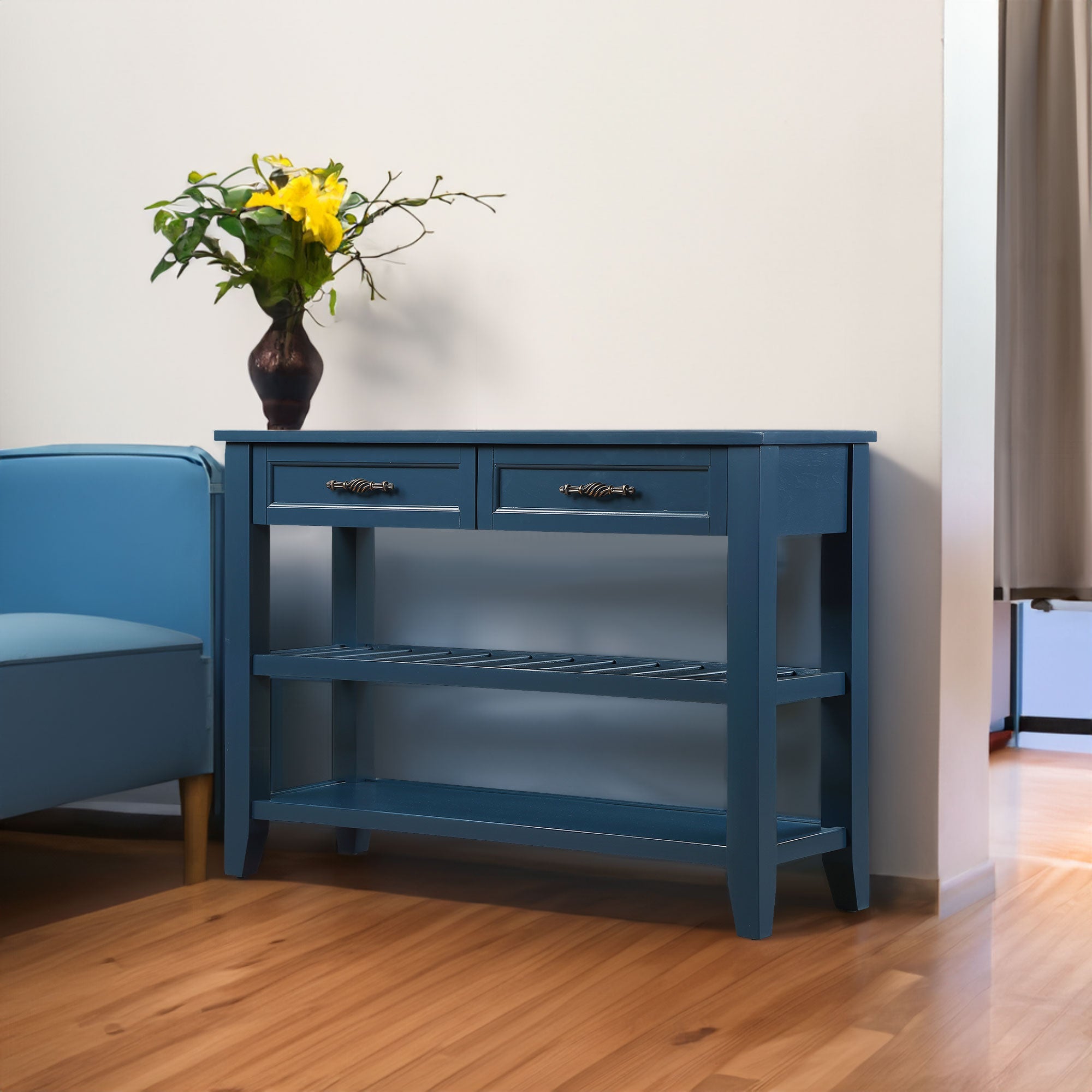 Console Sofa Table with 2 Storage Drawers and 2 Tiers Shelves Mid-Century Style 42&