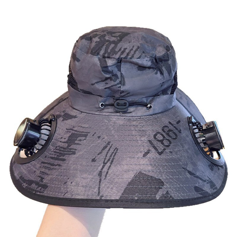Solar powered fan large brim hat men&