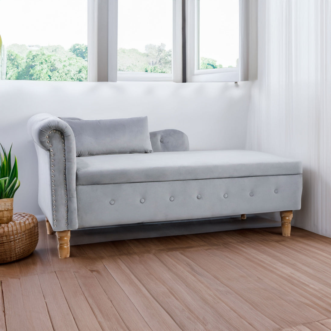 Grey Chaise Lounge Indoor Velvet Lounge Chair for Bedroom with Storage &amp; Pillow Modern Upholstered Rolled Arm Chase Lounge