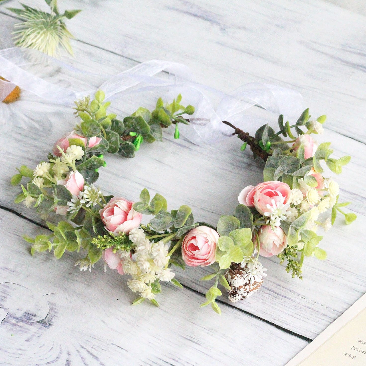 Forest style curled edge rose headband, simulated starry sky, eucalyptus wreath, bride&