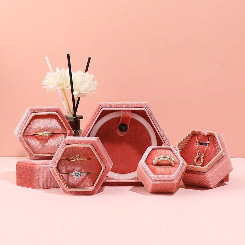 Hexagonal jewelry box, high-end Korean velvet ring earring box, jewelry box, jewelry packaging box