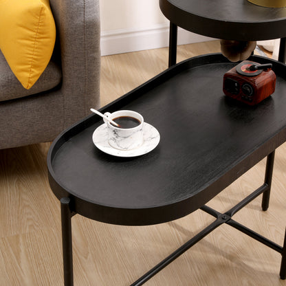 2-Tier Black Side Table with Storage Sofa Table for Living Room Metal Frame &amp; Wooden Desk End Table