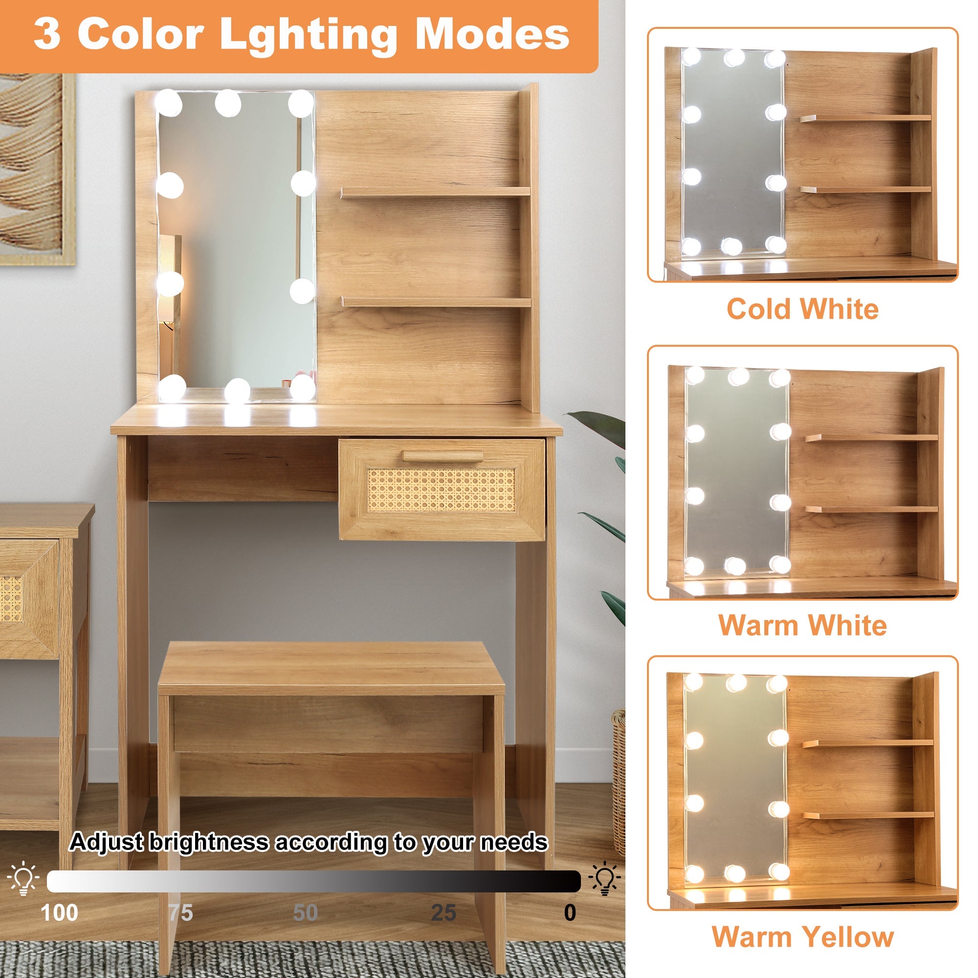 Vanity Desk Set Stool &amp; Dressing Table with LED Lighting Mirror Drawer and Wood Cosmetic Table Chest of Drawers Nature Color