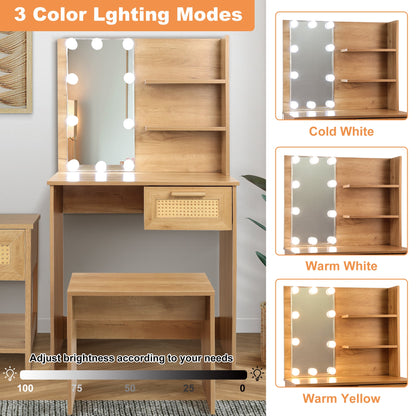 Vanity Desk Set Stool &amp; Dressing Table with LED Lighting Mirror Drawer and Wood Cosmetic Table Chest of Drawers Nature Color