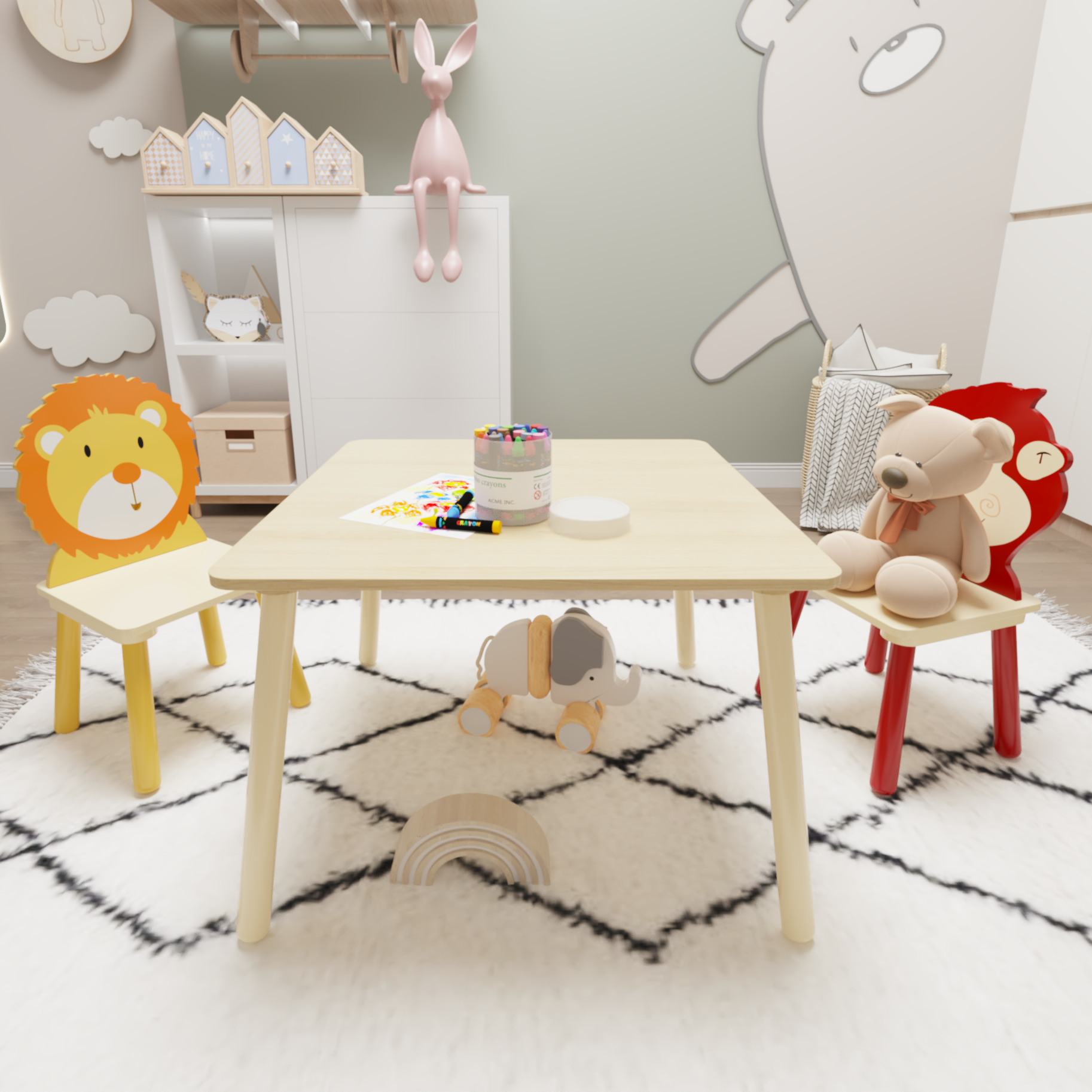 Kids Table and 2 Chairs Set 3 Pieces Toddler Table and Chair Set Wooden Activity Play Table Set (Lion&amp;Monkey)