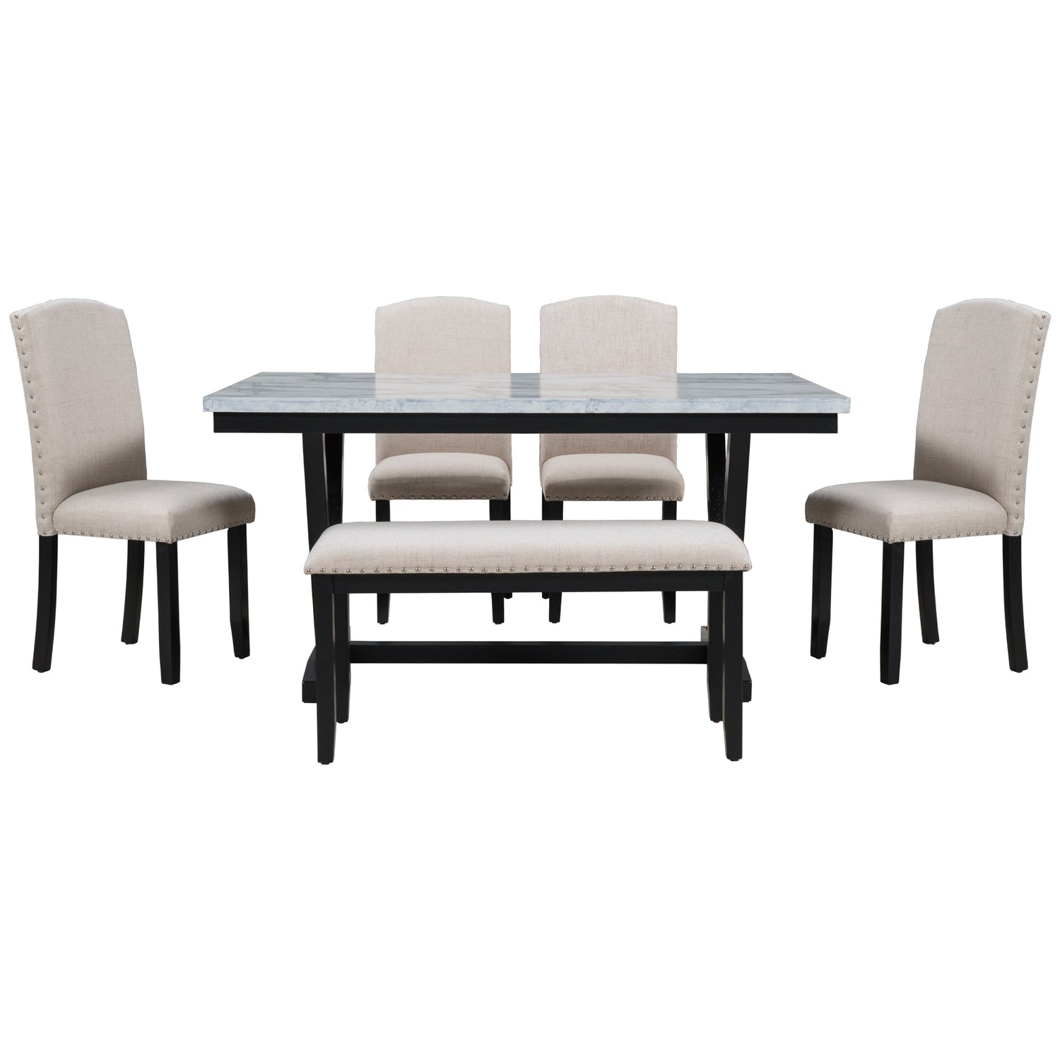 TREXM Modern Style 6-piece Dining Table with 4 Chairs &amp; 1 Bench (White)