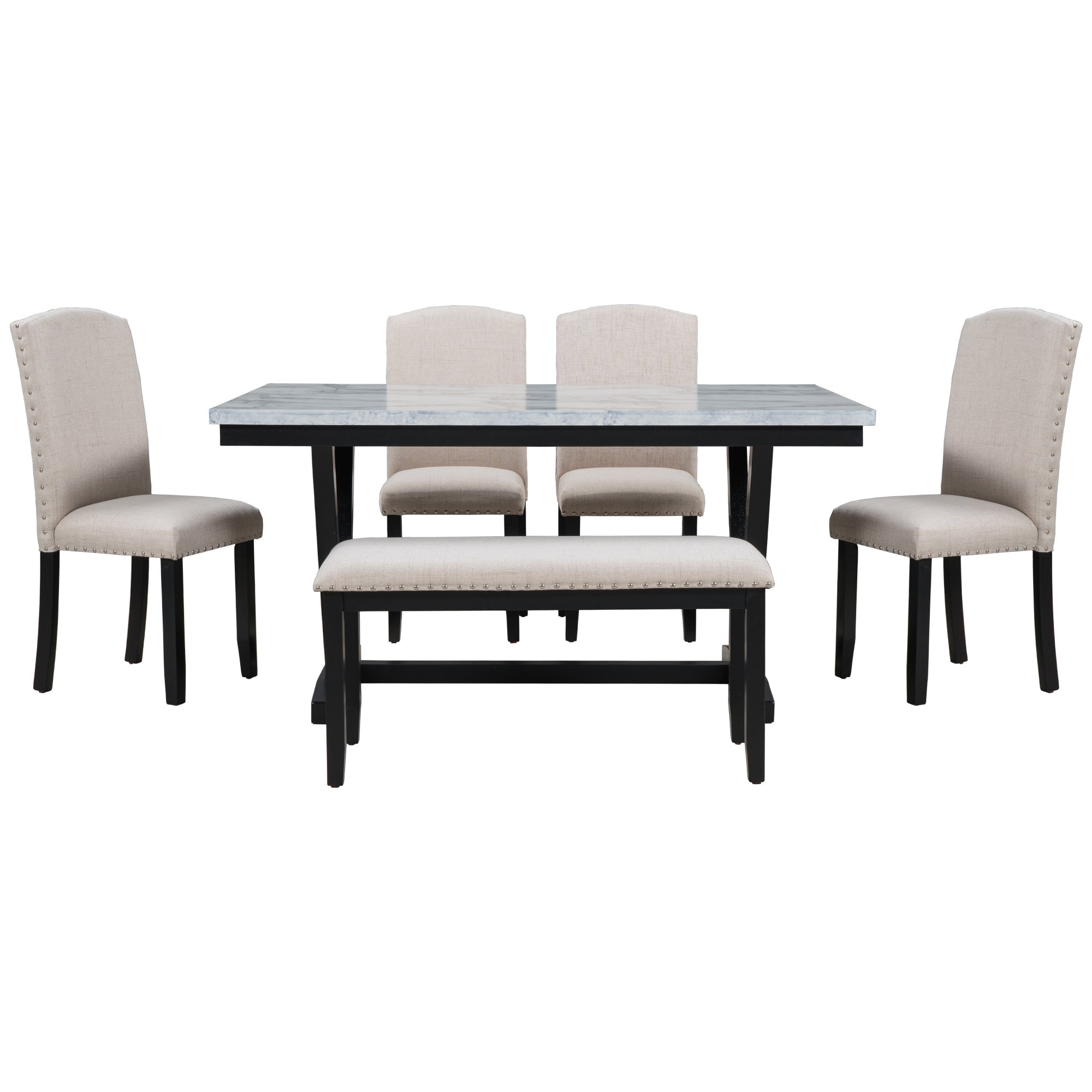 TREXM Modern Style 6-piece Dining Table with 4 Chairs &amp; 1 Bench (White)