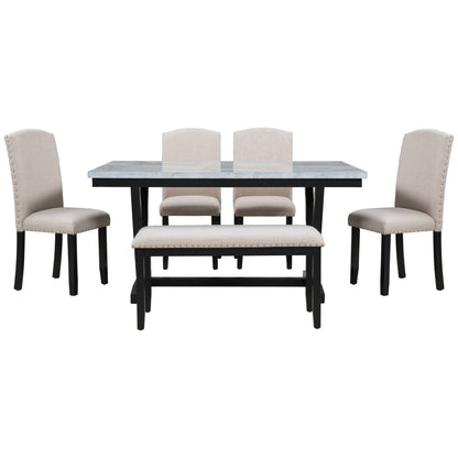 TREXM Modern Style 6-piece Dining Table with 4 Chairs &amp; 1 Bench (White)