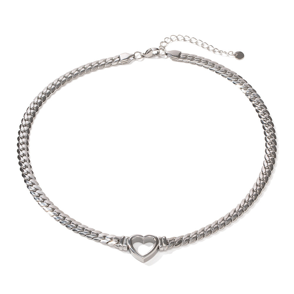 Stainless steel Cuban chain heart-shaped necklace with hollowed out flat snake chain heart pendant necklace for women