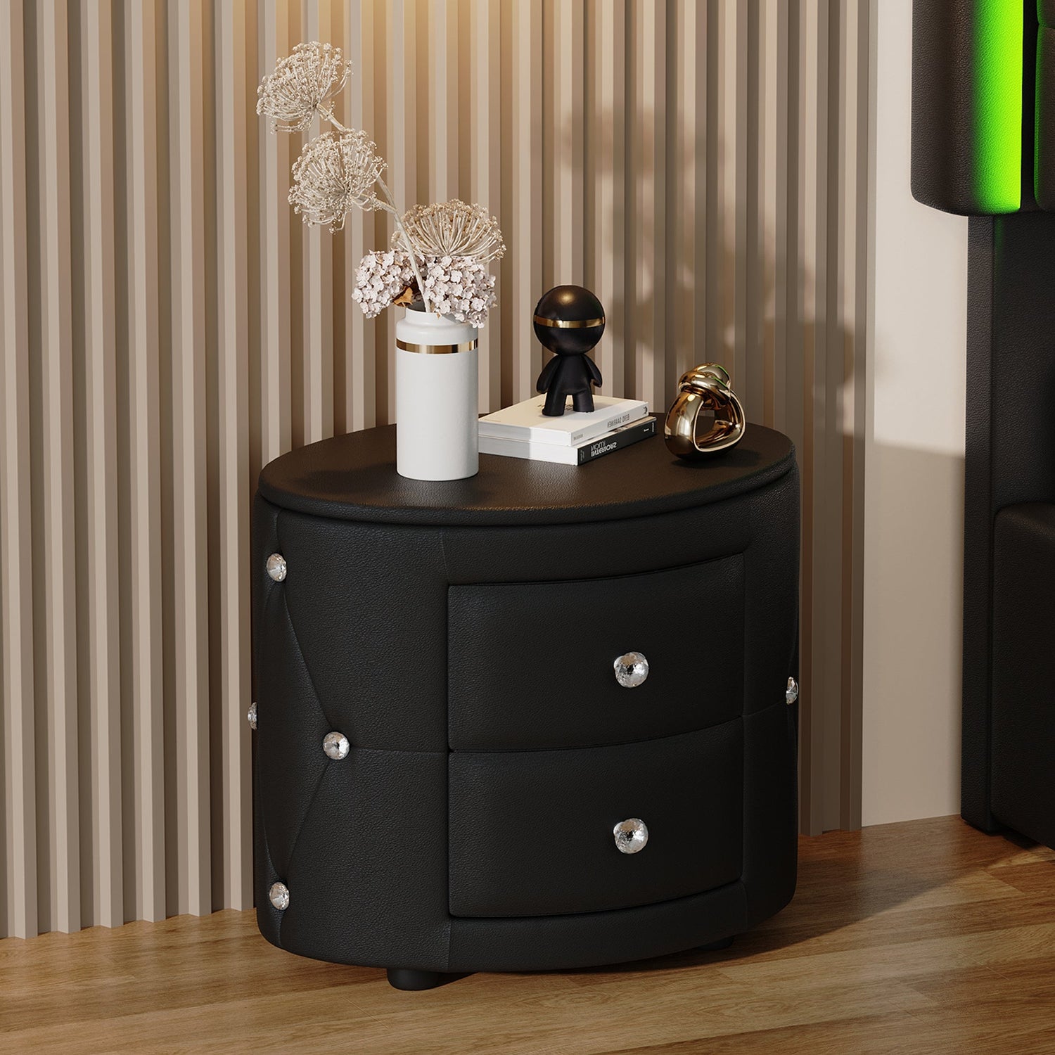 Elegant PU Nightstand with 2 Drawers and Crystal Handle,Fully Assembled Except Legs&amp;Handles,Storage Bedside Table - Black