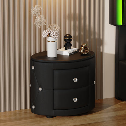 Elegant PU Nightstand with 2 Drawers and Crystal Handle,Fully Assembled Except Legs&amp;Handles,Storage Bedside Table - Black