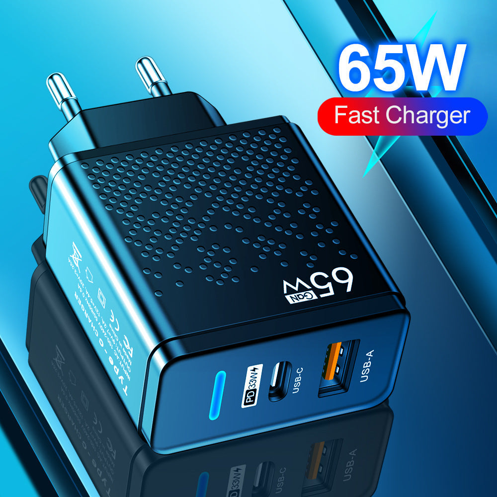 Blue LED USB+PD Type-C mobile phone charger with multiple ports, American, European, and British travel charging head