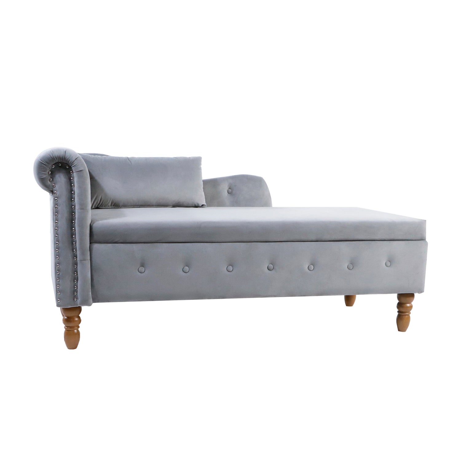 Grey Chaise Lounge Indoor Velvet Lounge Chair for Bedroom with Storage &amp; Pillow Modern Upholstered Rolled Arm Chase Lounge