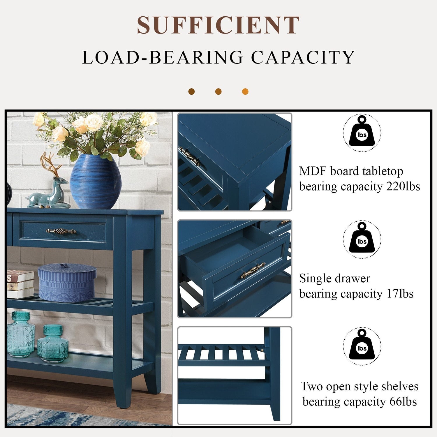 Console Sofa Table with 2 Storage Drawers and 2 Tiers Shelves Mid-Century Style 42&