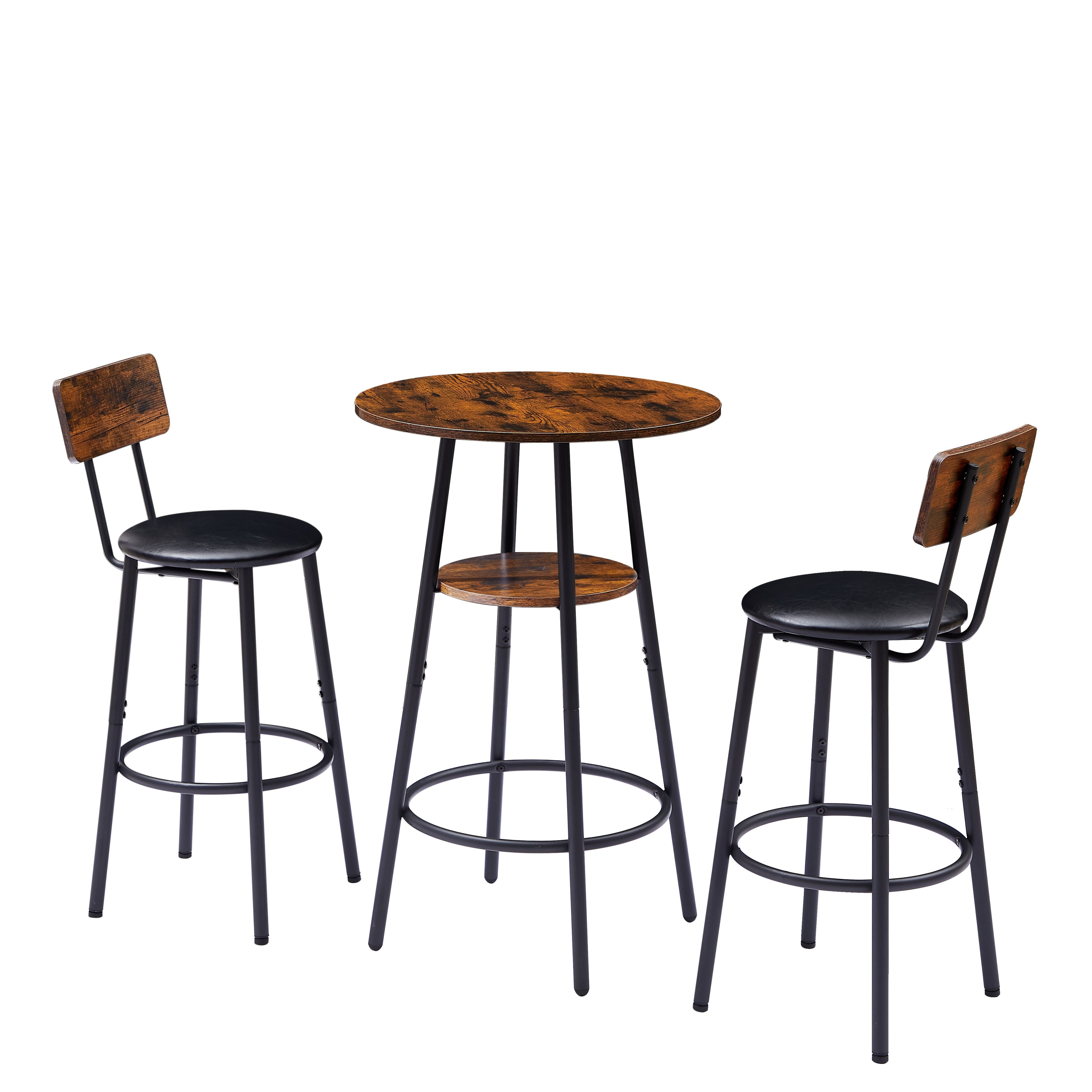 Round bar stool set with shelf upholstered stool with backrest Rustic Brown 23.62&