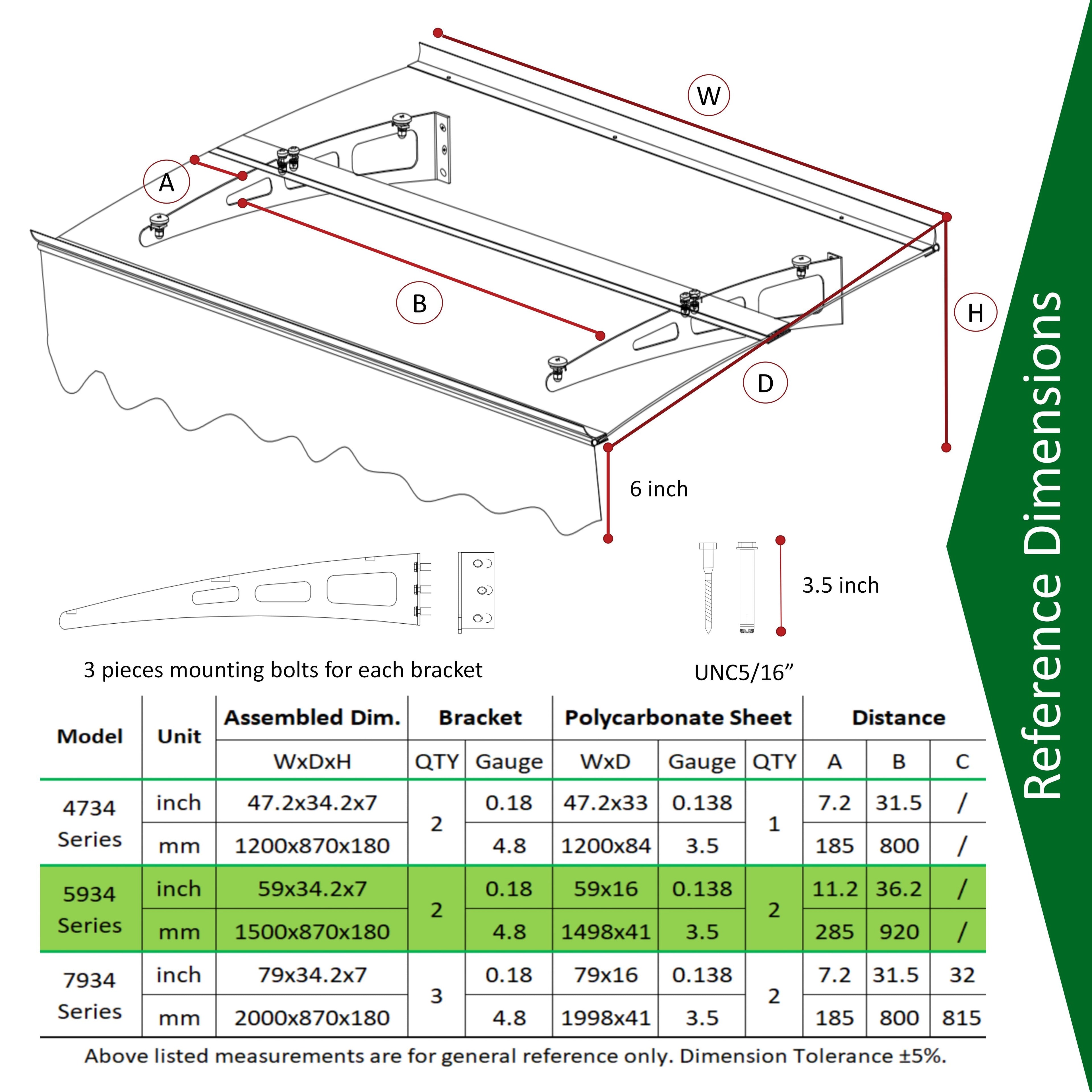 5934W Series Door Window Awning Canopy W59"xD34" Made of 0.137Inch /3.5mm Thick Virtually Crystal Solid Polycarbonate Sheet