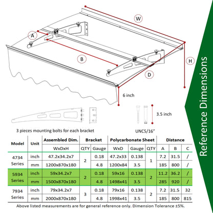 5934W Series Door Window Awning Canopy W59"xD34" Made of 0.137Inch /3.5mm Thick Virtually Crystal Solid Polycarbonate Sheet