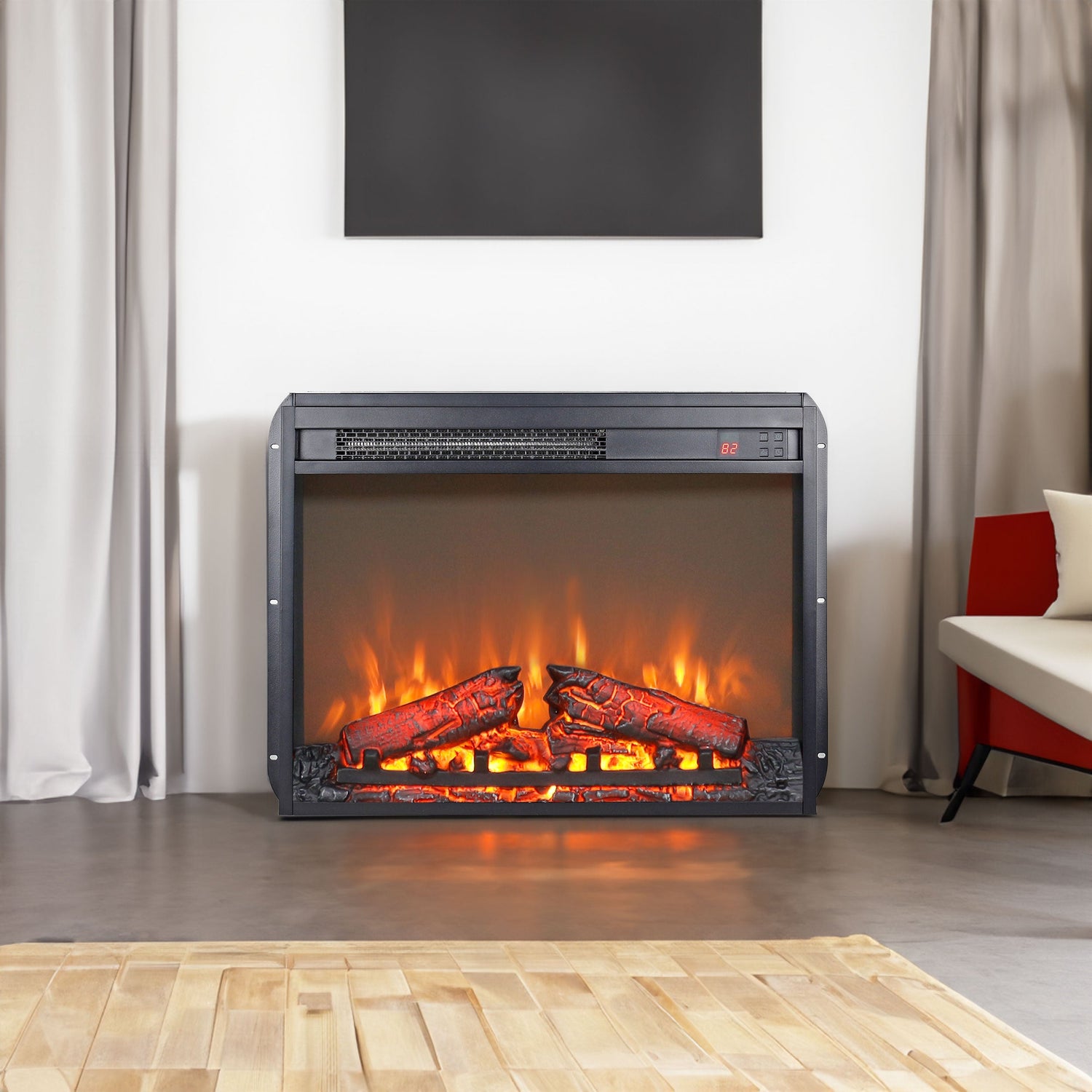 23 inch electric fireplace insert ultra thin heater with log set &amp; realistic flame remote control