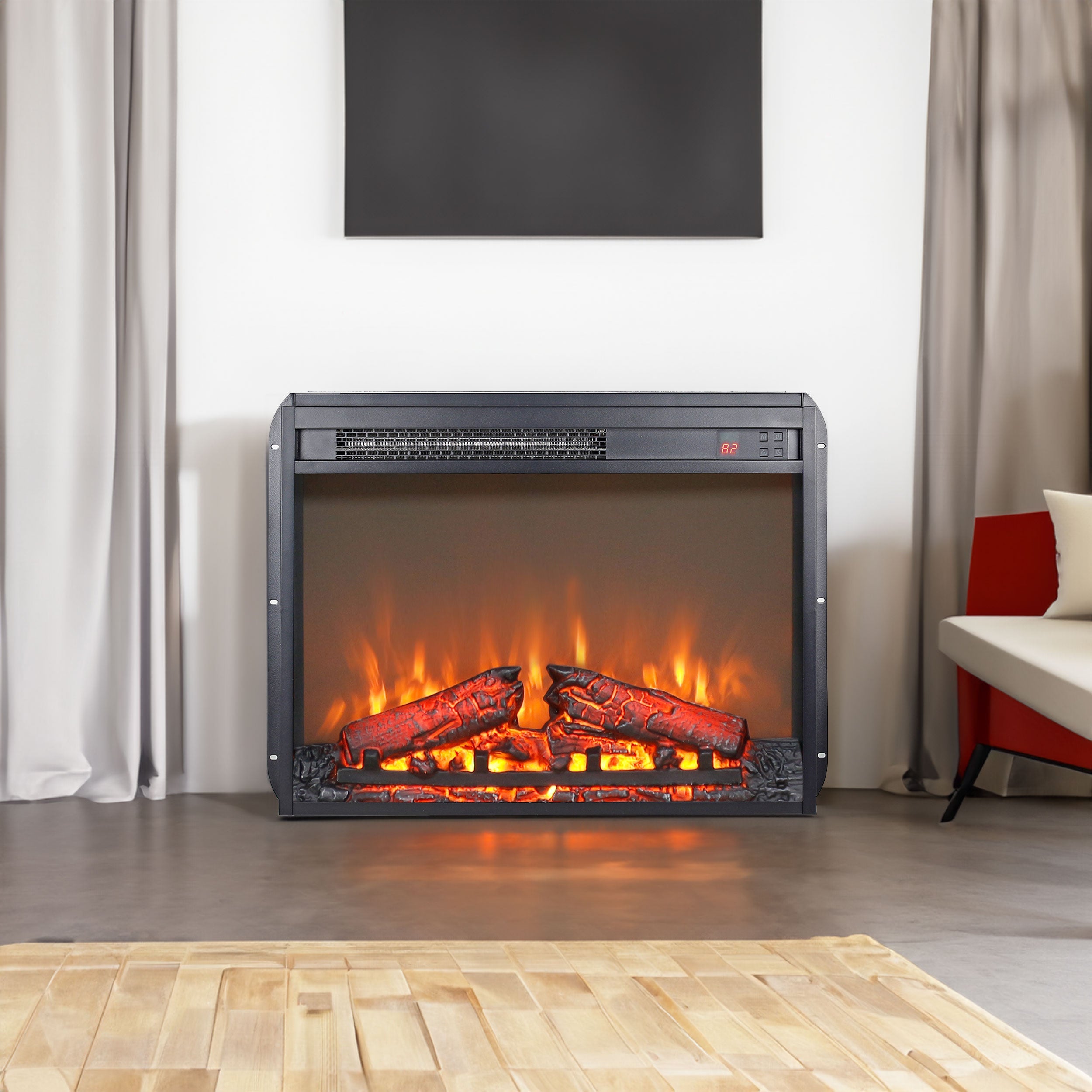23 inch electric fireplace insert ultra thin heater with log set &amp; realistic flame remote control