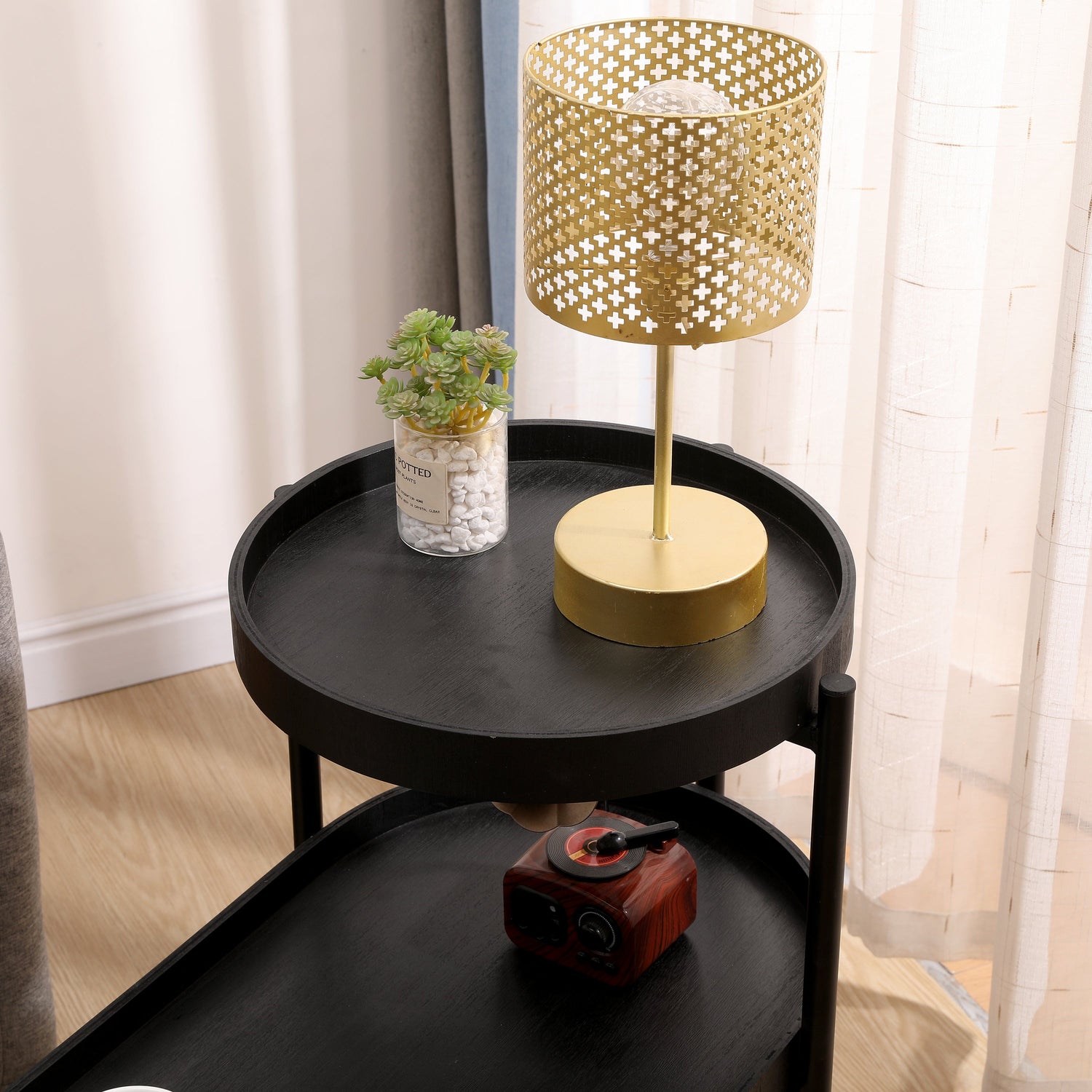 2-Tier Black Side Table with Storage Sofa Table for Living Room Metal Frame &amp; Wooden Desk End Table
