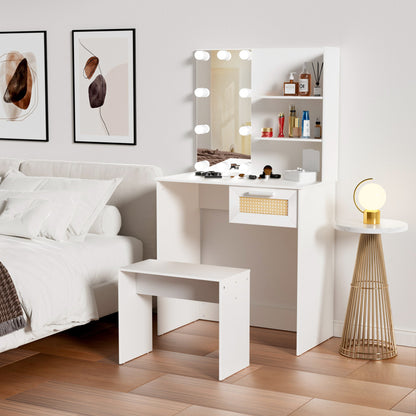 Vanity Desk Set Stool &amp; Dressing Table with LED Lighting Mirror Drawer and Wood Cosmetic Table Chest of Drawers White Color