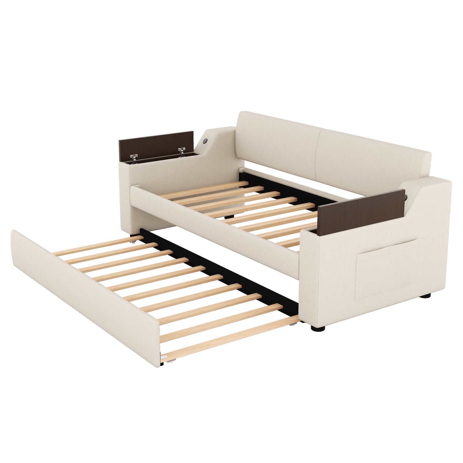 Twin Size Upholstery Daybed with Storage Arms  Trundle and USB Design Beige