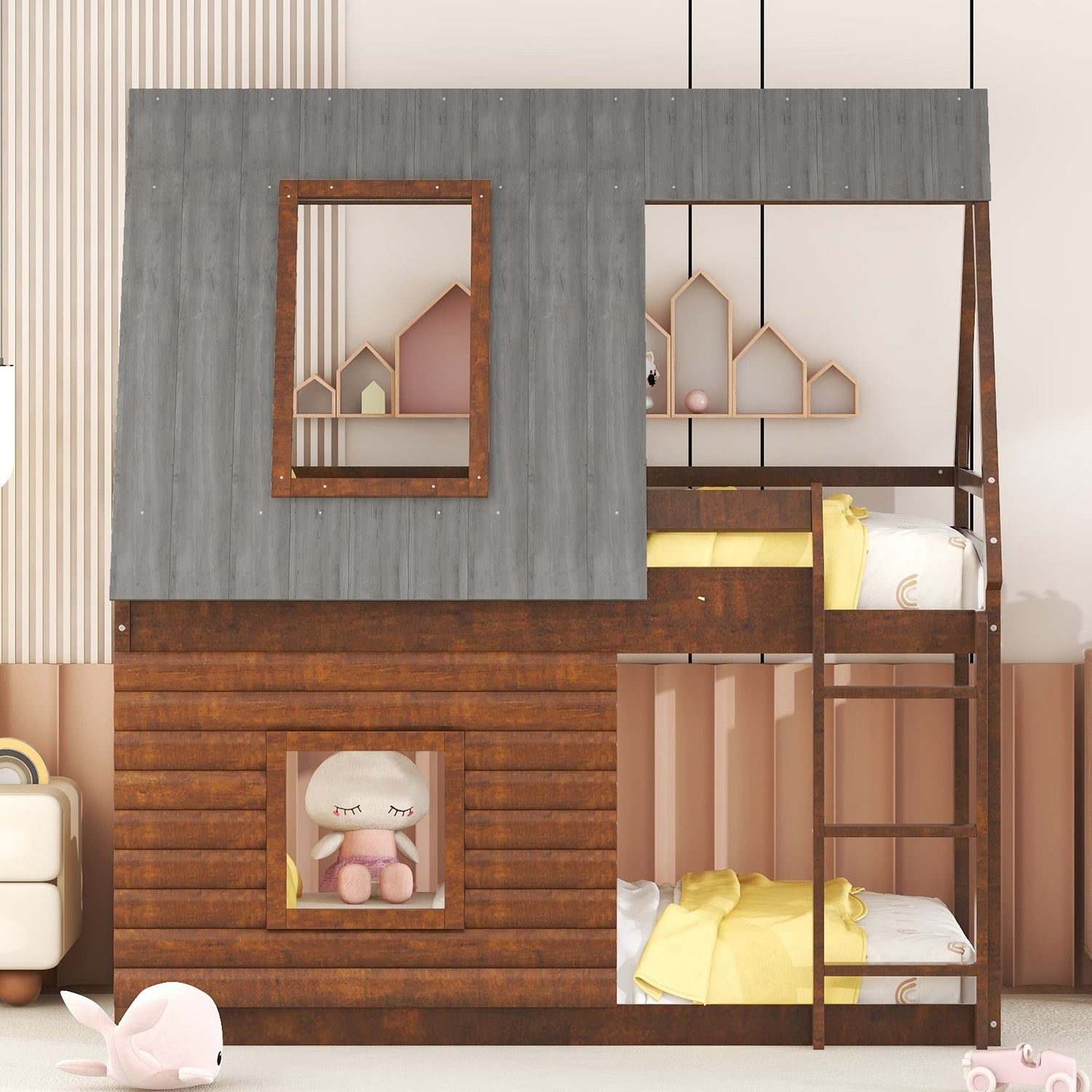 Wood Twin Size House Bunk Bed with Roof, Ladder and 2 Windows, Oak &amp; Smoky Grey