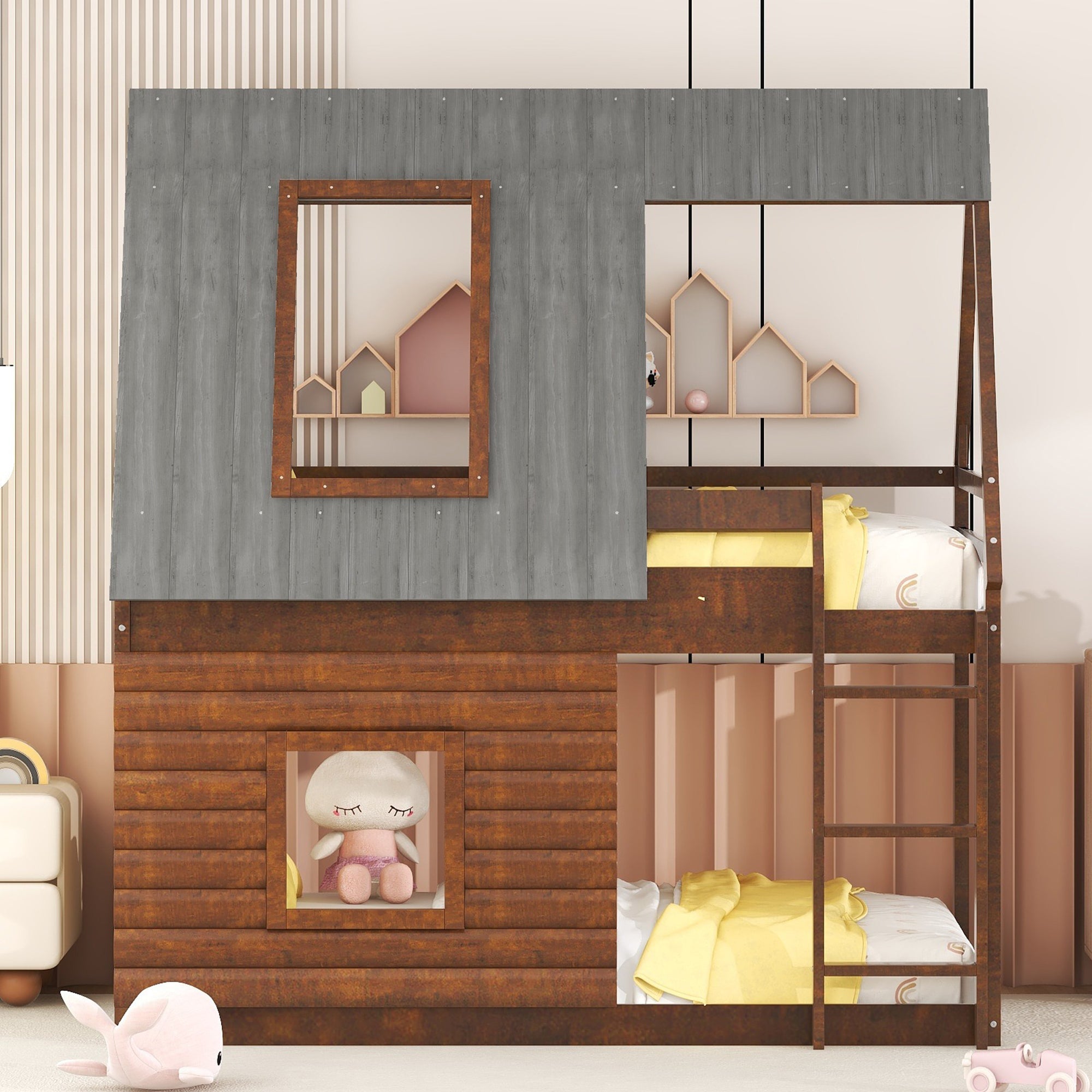 Wood Twin Size House Bunk Bed with Roof, Ladder and 2 Windows, Oak &amp; Smoky Grey