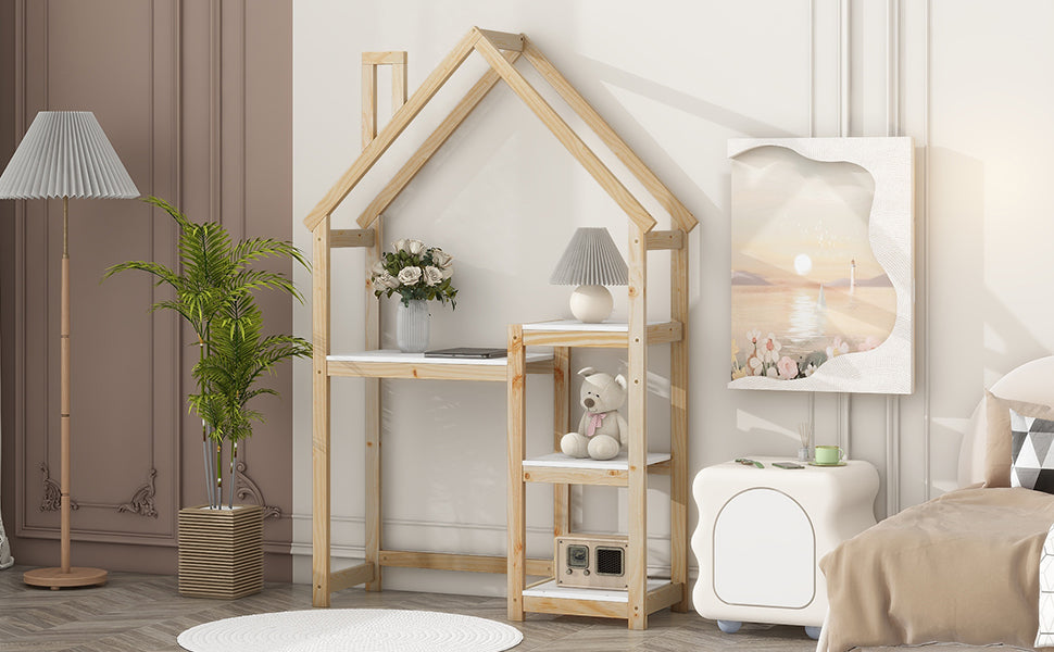 House-shaped Wooden writing Desk Kids study Table Bookshelf &amp; Toy Storage Natural
