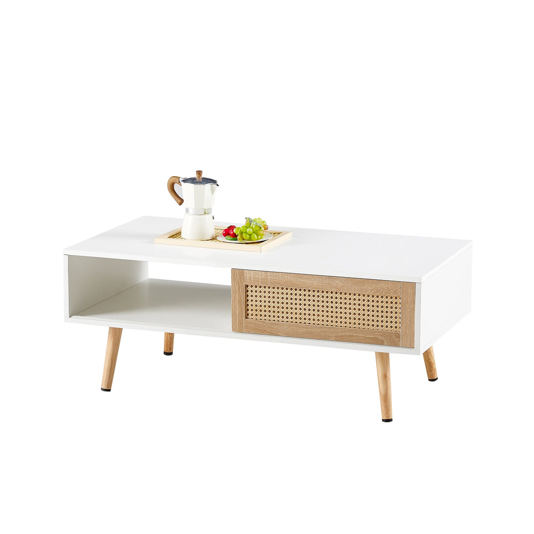 41.34" Rattan Coffee table sliding door for storage solid wood legs White