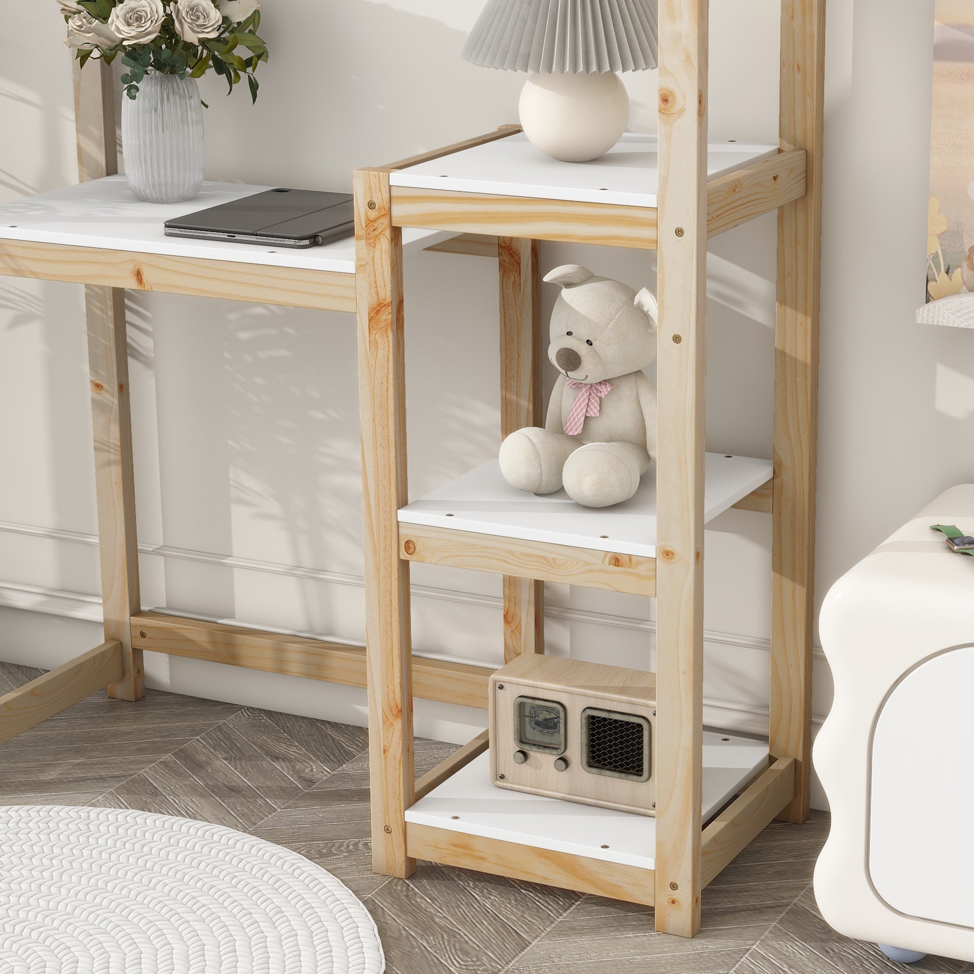 House-shaped Wooden writing Desk Kids study Table Bookshelf &amp; Toy Storage Natural