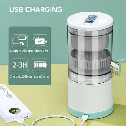 Portable USB - rechargeable slow juicer for oranges, lemons &amp; other fruits. A handy electric blender for home kitchens.