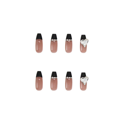 Black French Long Wearing Nail Rhinestone Love Chain Removable Fake Nail Nail Piece Nail Sticker Manicure Nail
