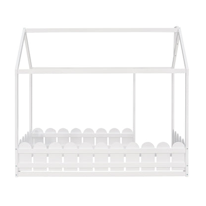 {Slats are not included}Twin Size Wood Bed House Bed Frame with Fence for KidsTeens Girls Boys {White}