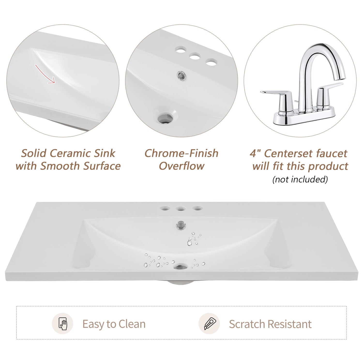 36" Single Bathroom Vanity Top with White Basin  3-Faucet Holes Ceramic  White
