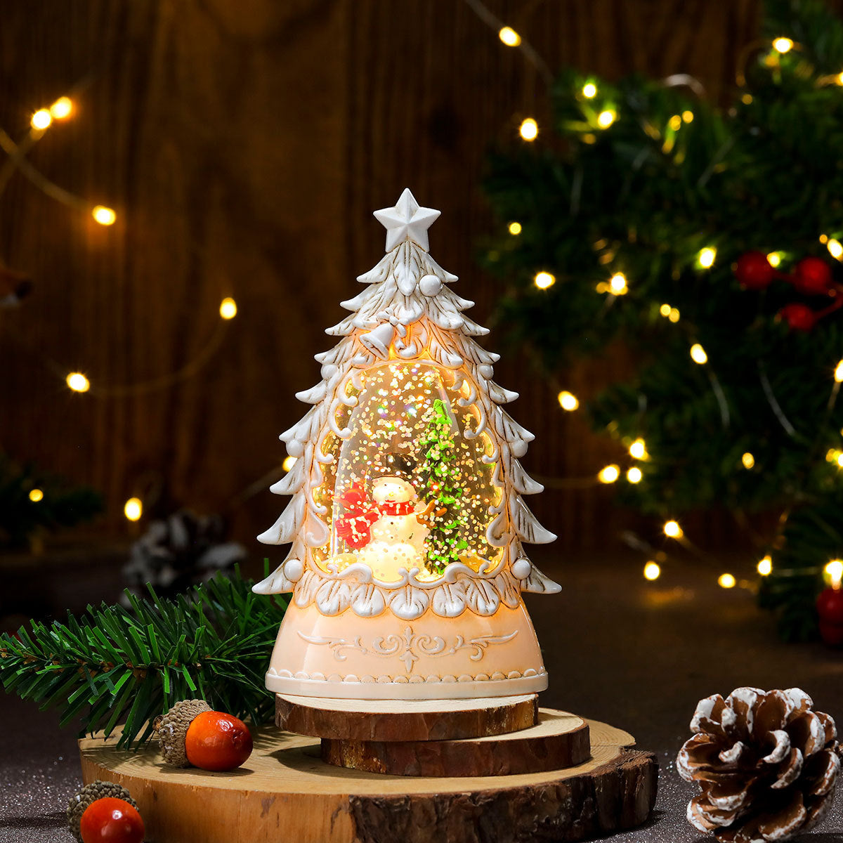 Christmas gifts, painted Christmas trees, glowing candles, oil lamps, children&