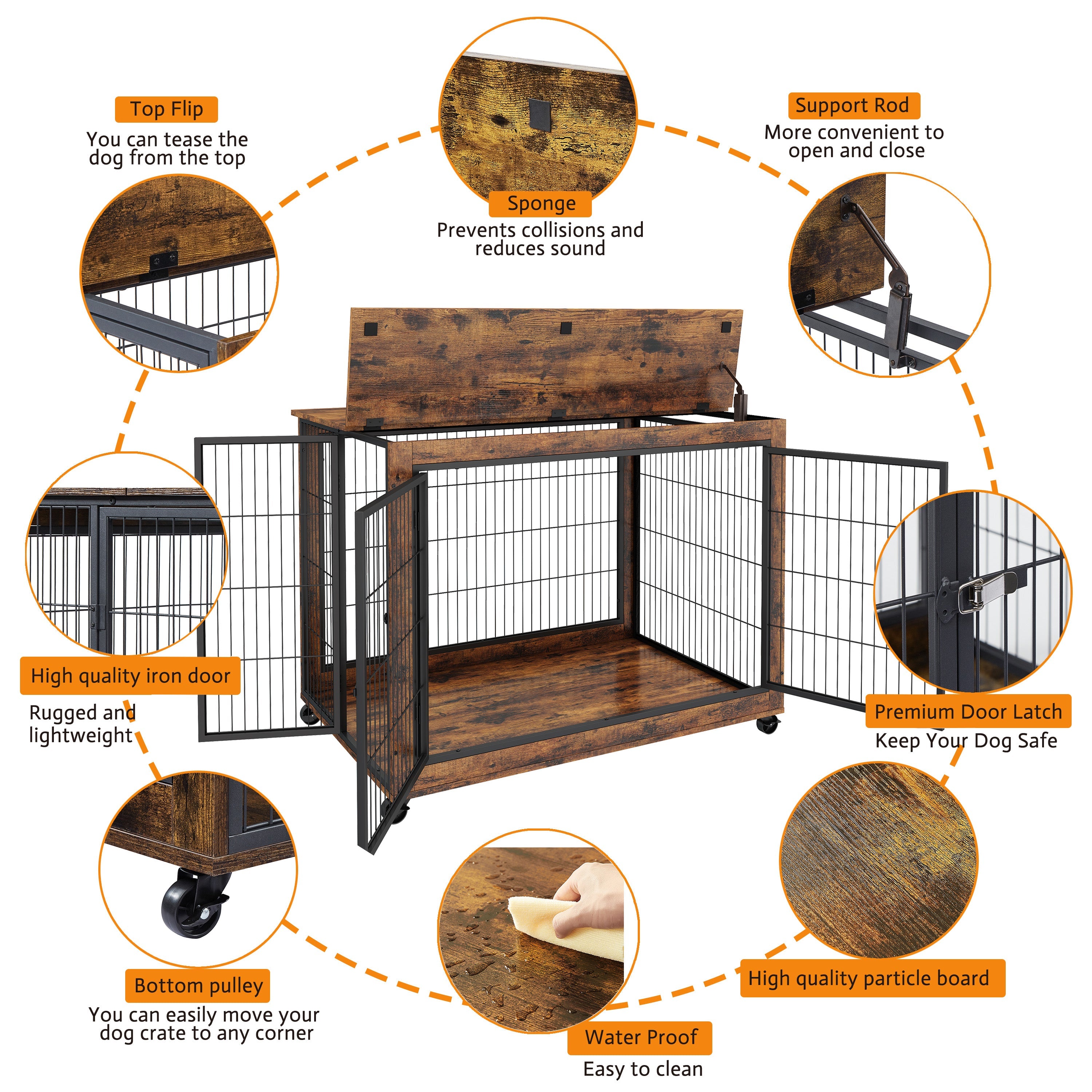 Furniture Style Dog Crate Side Table on Wheels with Double Doors and Lift Top. Rustic Brown, 43.7&