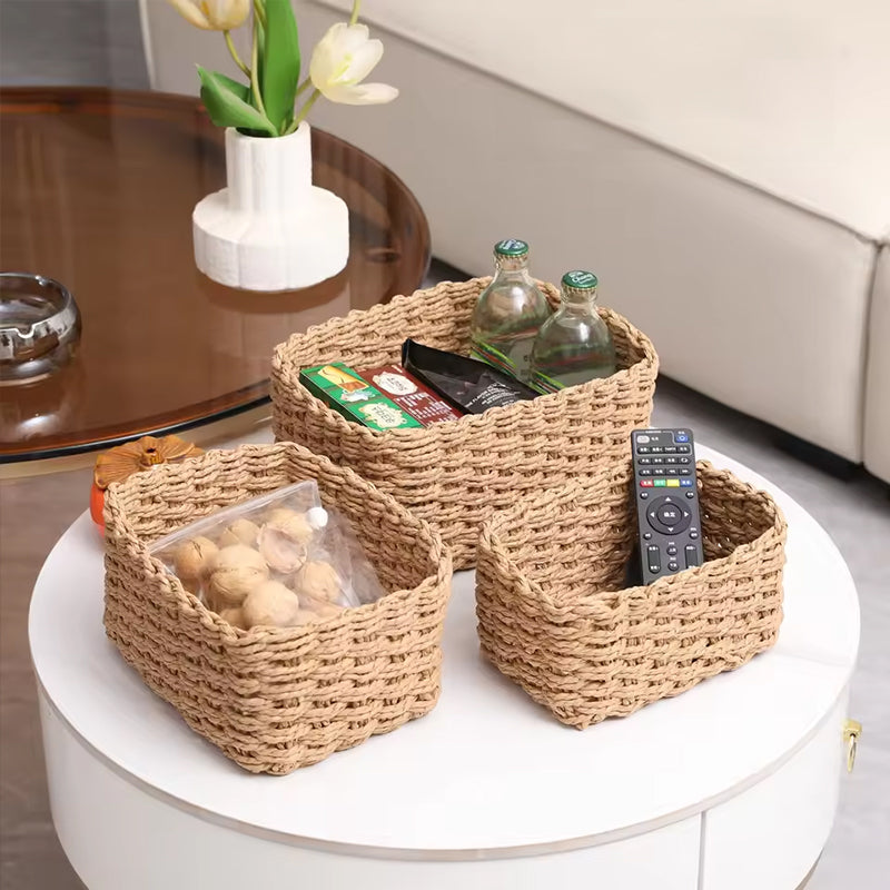 3-Piece Handmade Straw-Woven Paper-Rope Storage Baskets (Decorative &amp; Office Use)