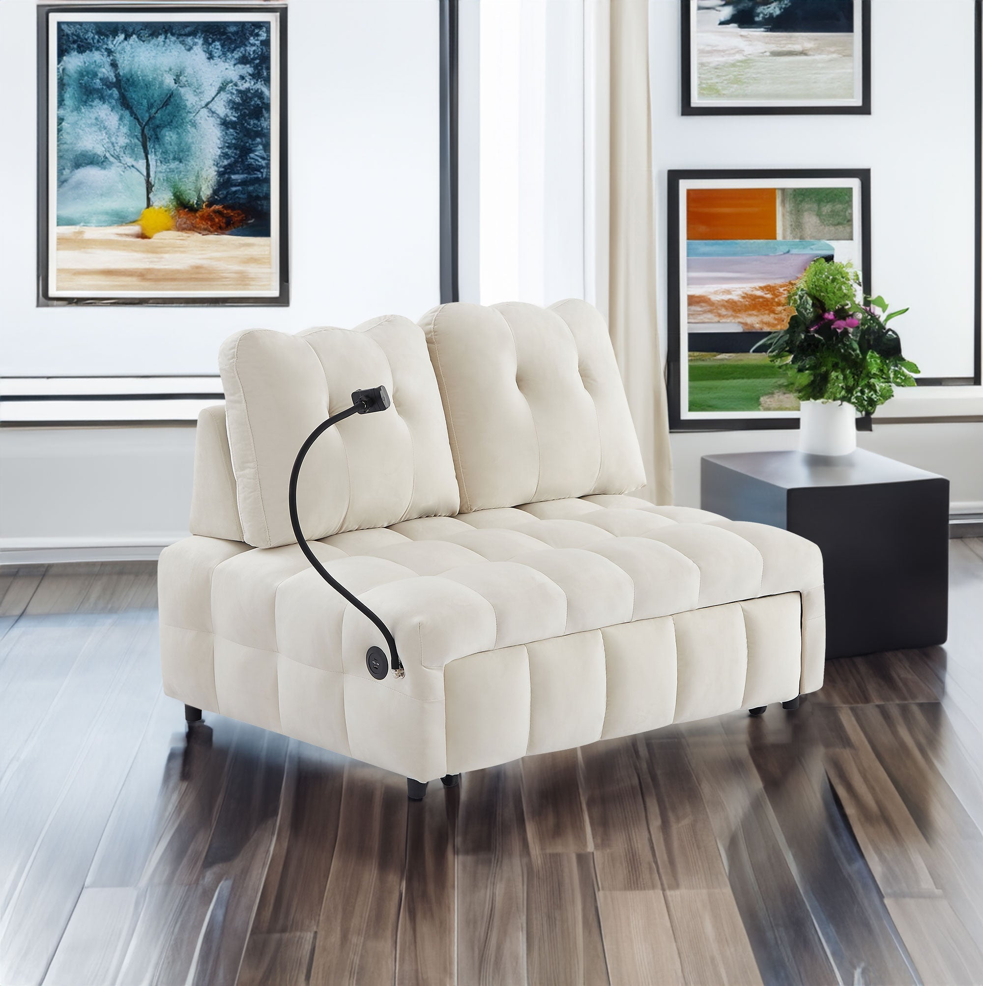 Modern sofa velvet pull-out bed,Independently removable backrest, have USB port and swivel phone stand ,beige