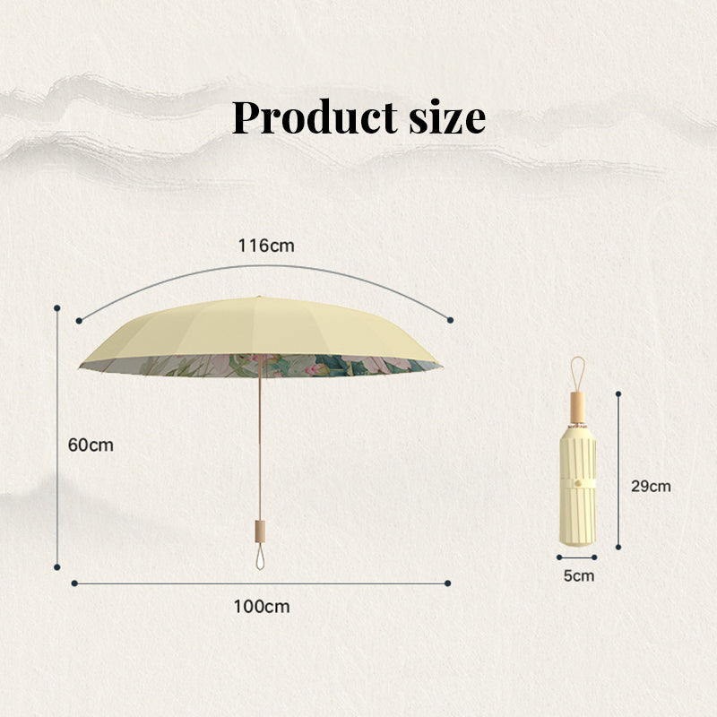 16-rib color rubber &amp; gold aluminum alloy frame: new Chinese retro folding umbrella with sun protection and UV resistance.