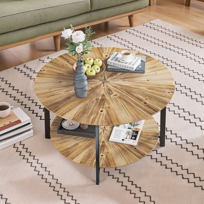 31.5 "Round Coffee Table Stand Wooden Double Layer Coffee Table with Open Storage Space and Metal Table Legs