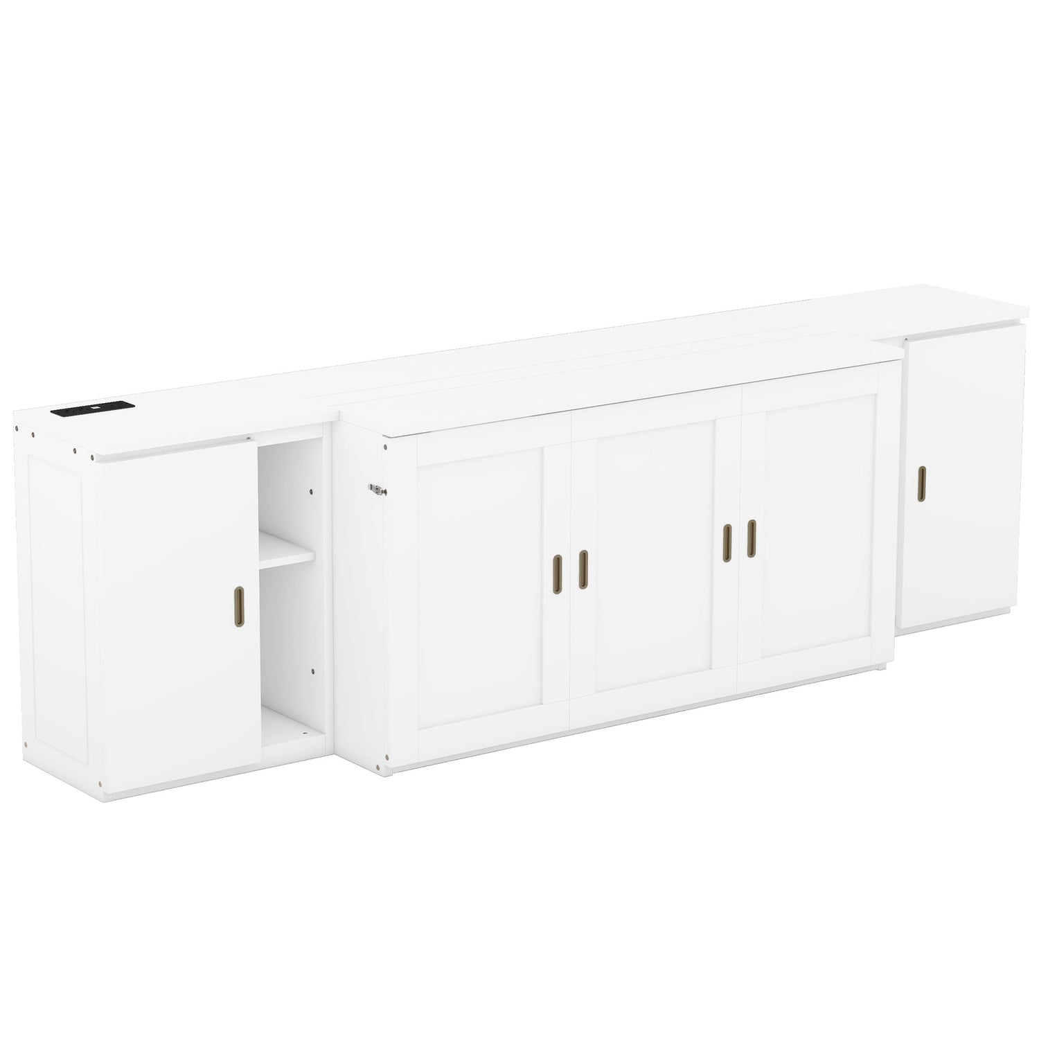 Queen Size Murphy Bed with Shelves, Cabinets and USB Ports,White