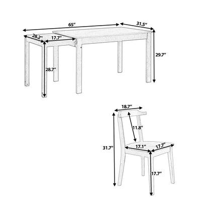 TOPMAX 65 "5-piece set with wheels, expandable dining table set, 17.7" pull-out side table and small dining chairs, natural