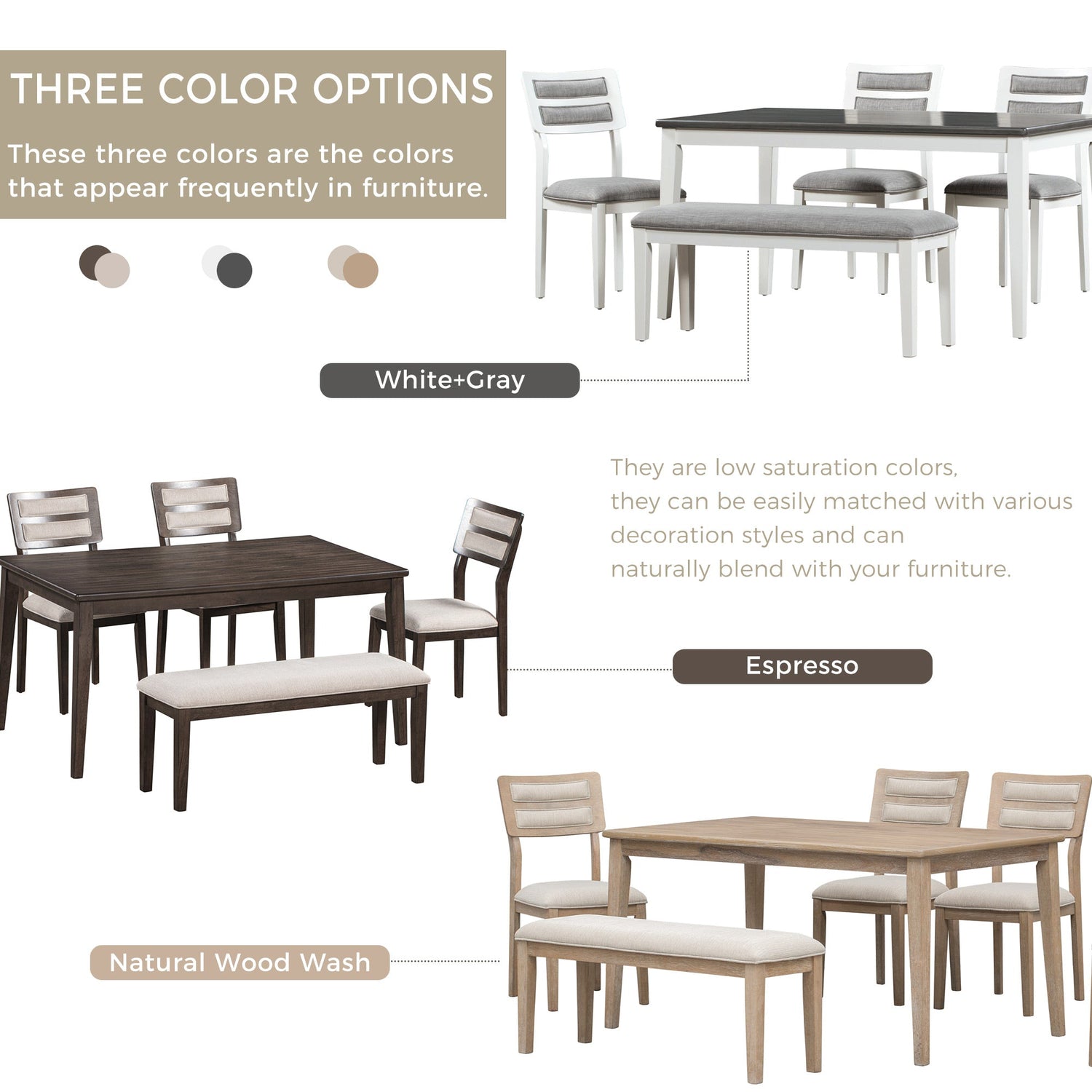 TREXM Classic and Traditional Style 6 - Piece Dining Set, Includes Dining Table  4 Upholstered Chairs &amp; Bench (White+Gray)