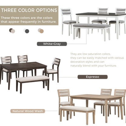 TREXM Classic and Traditional Style 6 - Piece Dining Set, Includes Dining Table  4 Upholstered Chairs &amp; Bench (White+Gray)