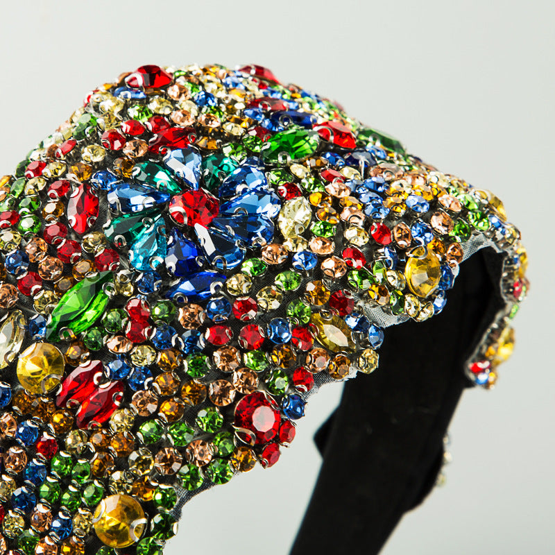 New Oversized Exaggerated Gypsophila Color Rhinestone Wide-Brimmed Headband Female Net Celebrity Fabric Personality Headwear