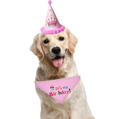 2Pcs/Set Dog Hat Bib Dog Birthday Bandana Scarf Adjustable Bandana Neckerchief Cat Dog Birthday Bib Hat Pet Supplies